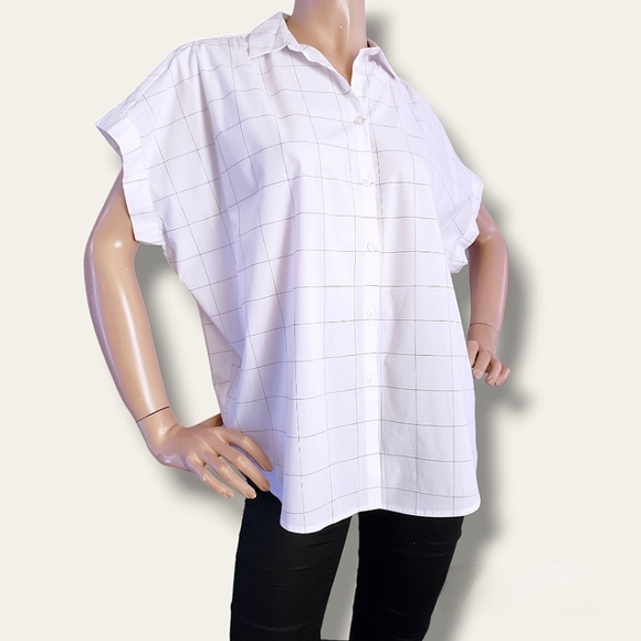 Soho Threads White Windowpane Checkered Boxy Oversized Blouse - Picture 1 of 9